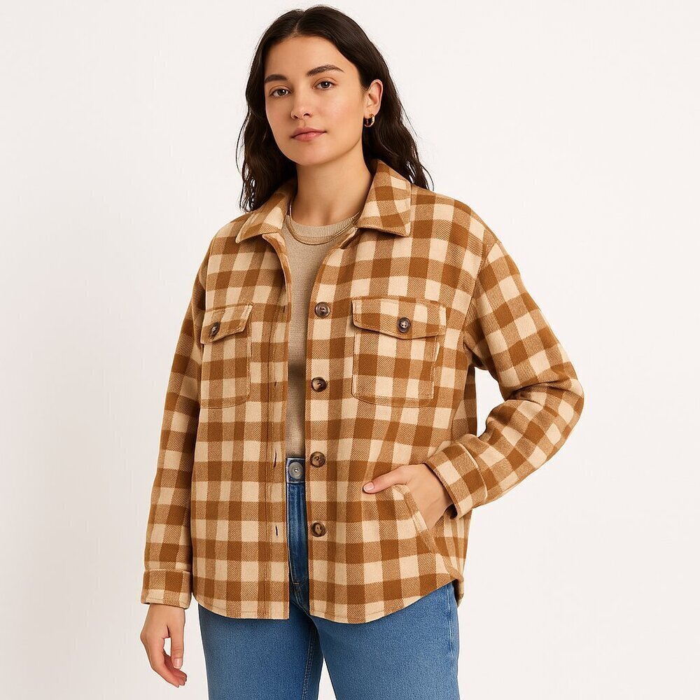 Sage The Label Plaid Shacket Anthropologie Oversized Cabincore Camel Cream M